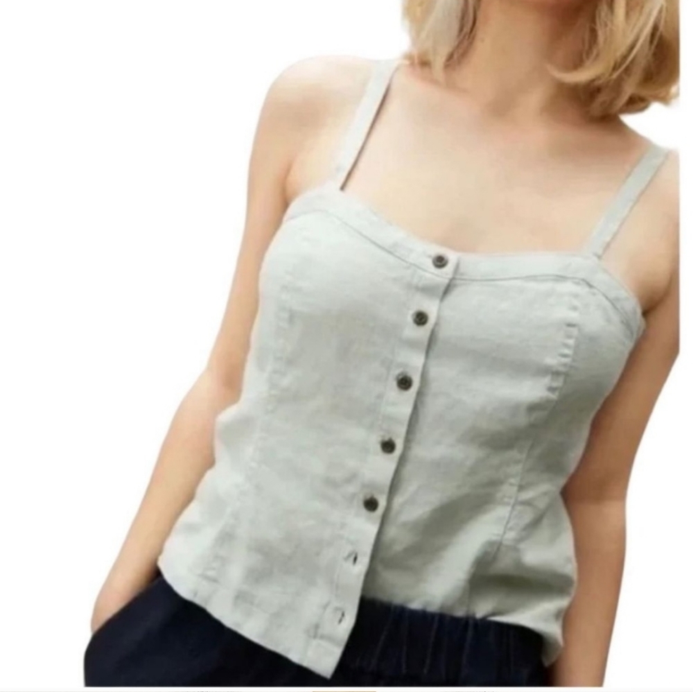 Everlane Green Linen Tank Top Button Front Womens 6 Adjustable Straps Cropped